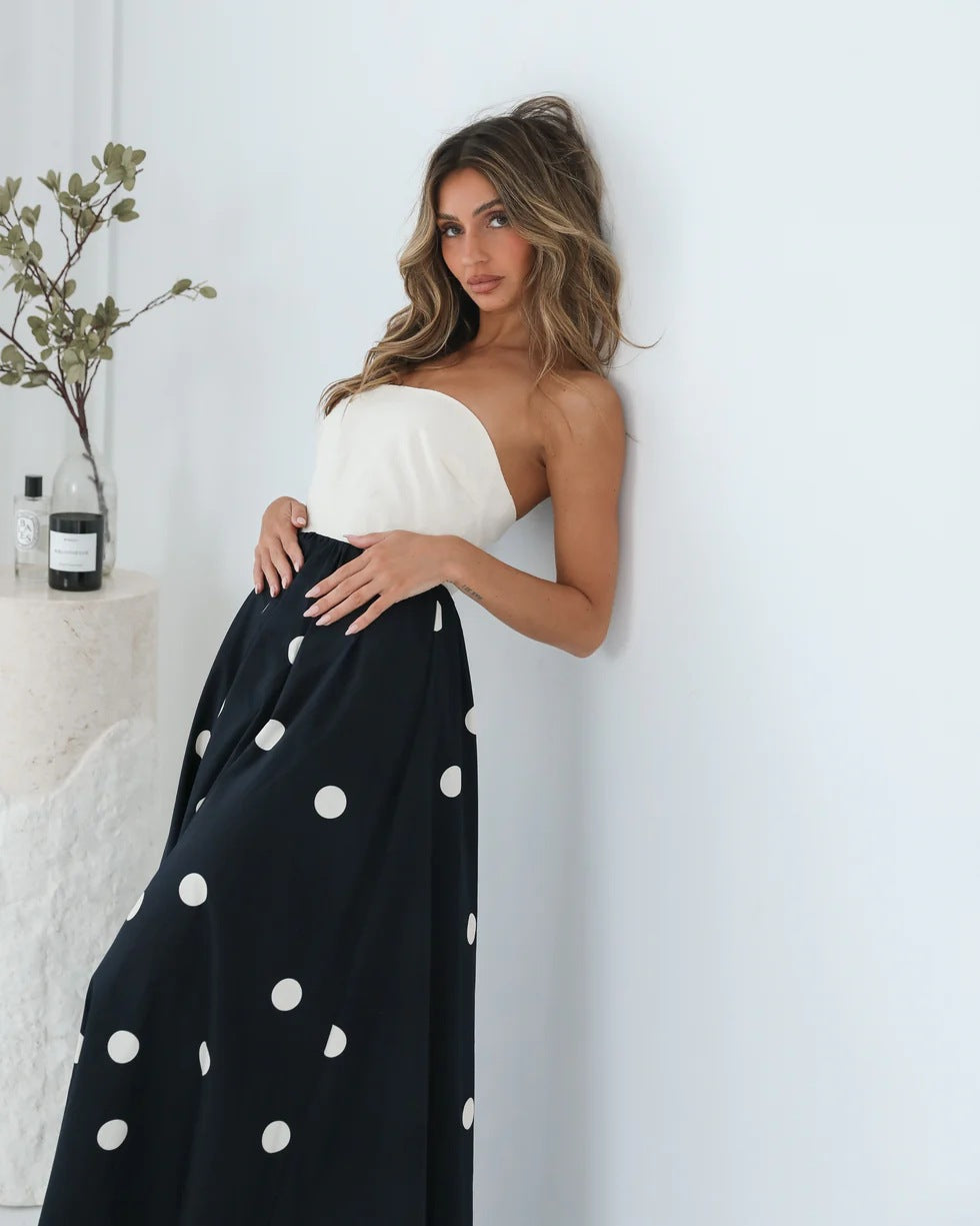 The Celeste Strapless Polka Dot Dress