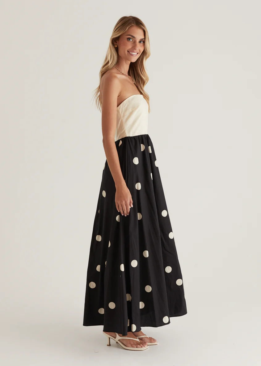 The Celeste Strapless Polka Dot Dress